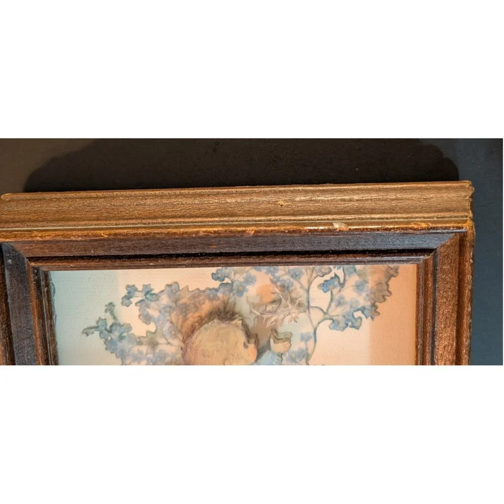 Vintage 70s Cottagecore Forget Me Not Child 3D Art Shabby Chic Thick Wood Frame
